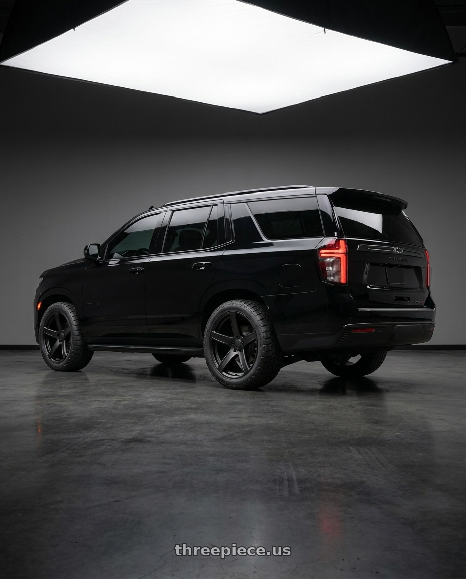 2022 Chevrolet Tahoe RST  with REPLICA WHEELS R81002R 5x115 20x11+22 SATIN BLACK wheels rear three quarter view meaty tires