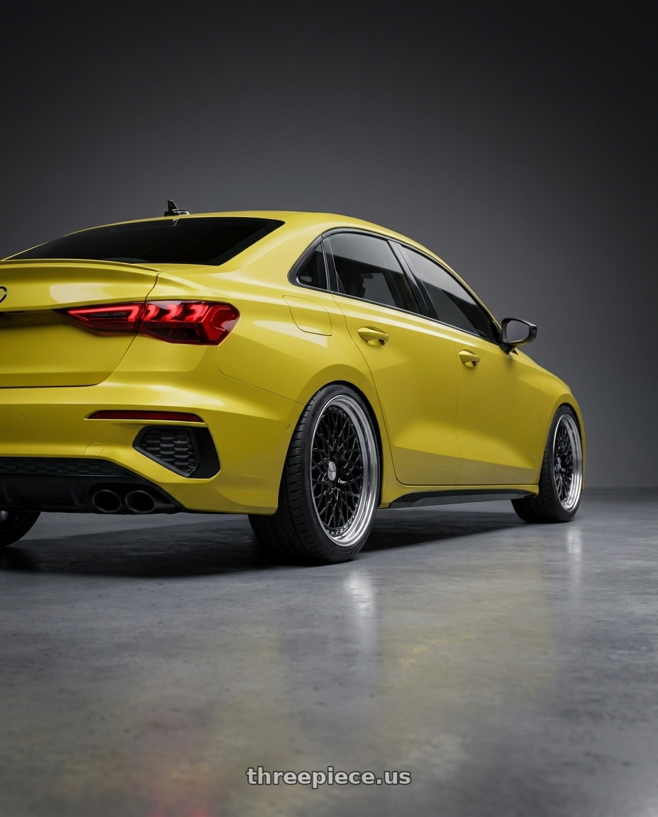 2023 Audi S3 with Work Gran Seeker Ccx 5x112 19x8.5+45 O Disk Black wheels rear three quarter view slight stretch tires