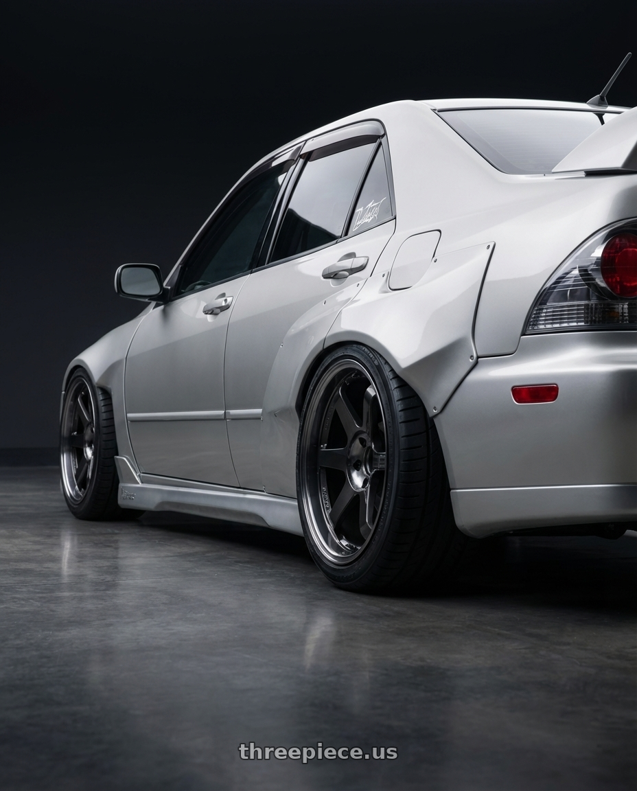 2004 Lexus IS300 with Volk Racing TE37SL 5x114.3 19x10.5+12 Pressed Double Black wheels rear three quarter view square tires