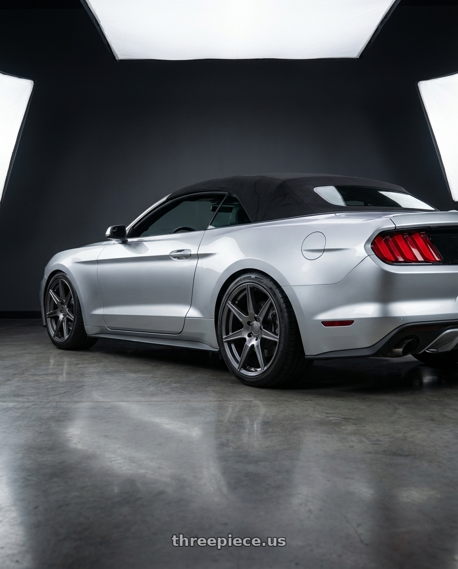 2018 ford mustang with Voxx Replica Mustang GT500 5x114.3 20x10.5+45 Gun Metal wheels rear three quarter view slight stretch tires