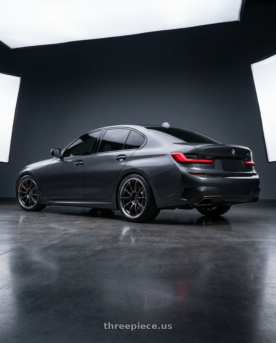2021 bmw m340 with Work Emotion Zr10 5x114.3 17x8 +47 Glim Black Diamond Rim cut wheels rear three quarter view square tires