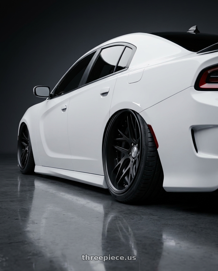 2021 Dodge Charger ScatPack with Work Gnosis Cvx 5x115 20x11+22 O Disk Matte Black wheels rear three quarter view extreme stretch tires