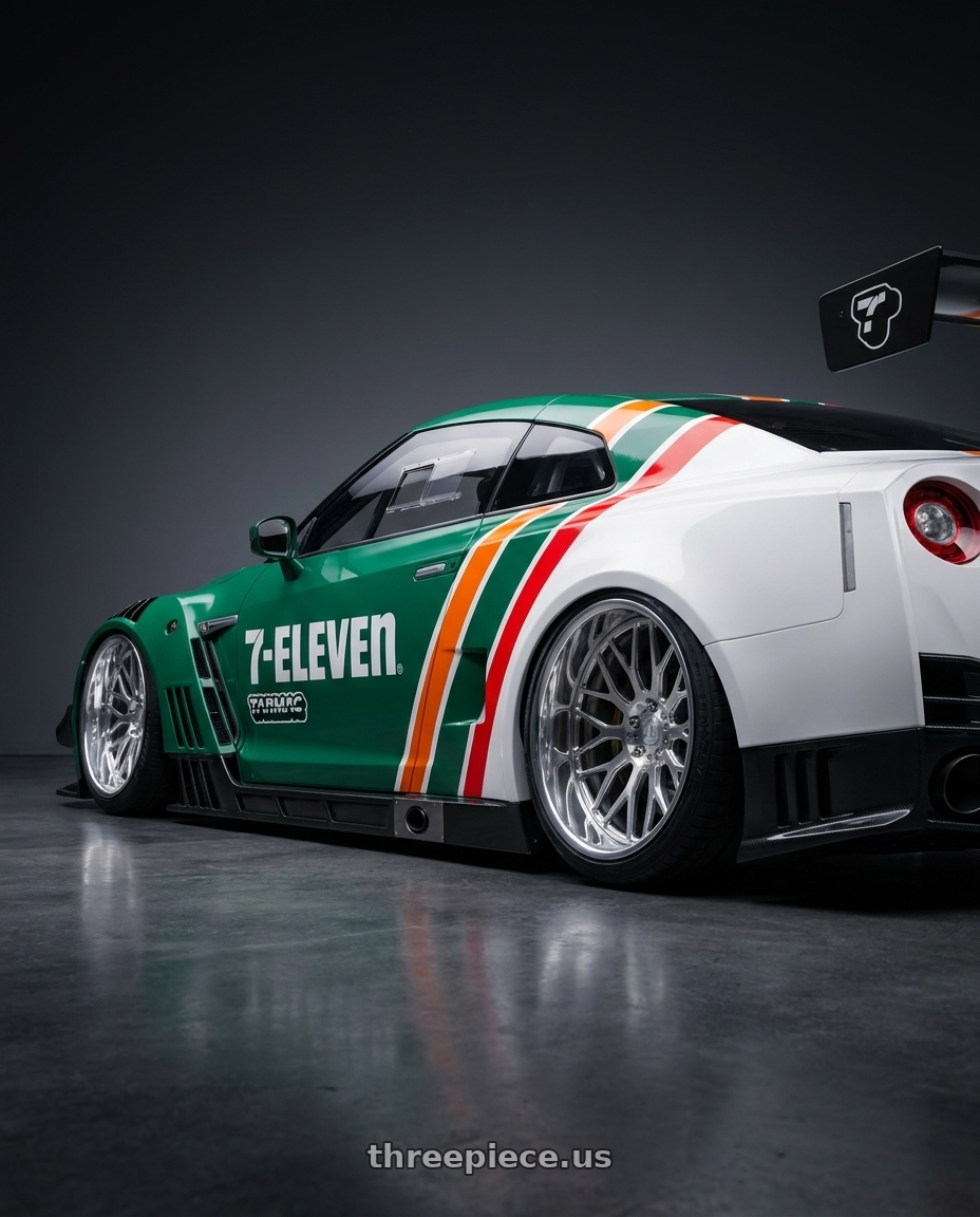 2025 NISSAN GT-R NISMO GT3(TARMAC WORKS × 7-ELEVEN TAIWAN 7-11限定紀念車) with Axe AF6 Forged 8x170 22X12 -44 FULLY POLISHED wheels rear three quarter view slight stretch tires