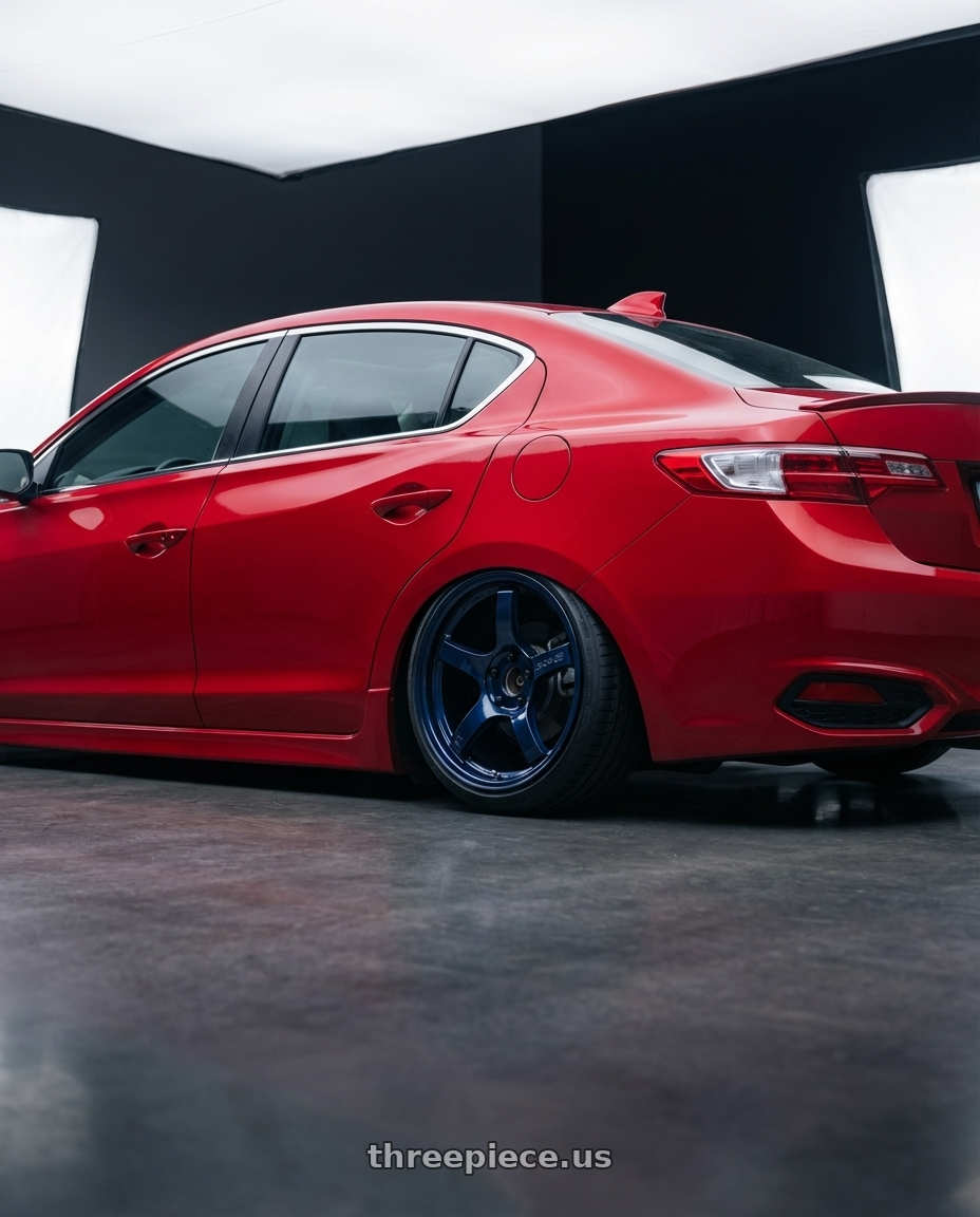 2012 Acura ILX with Gram Lights 57CR 5x114.3 18x9.5+12 Eternal Blue Pearl wheels rear three quarter view slight stretch tires