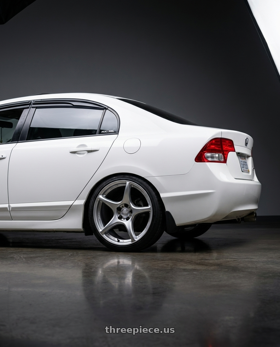 2008 Honda Civic SI with Kansei K11S Tandem 5x114.3 17x9 35 Hyper Silver wheels rear three quarter view square tires