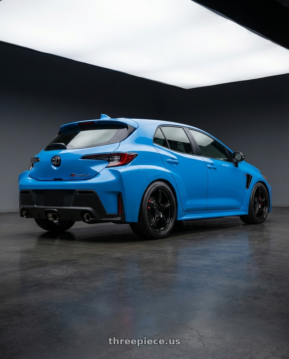 2024 Toyota GR Corolla with Gram Lights 57CR 5x114.3 18x10.5+12 Glossy Black wheels rear three quarter view square tires