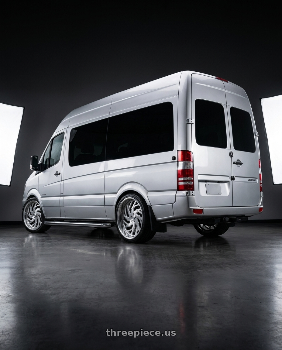 2004 Mercedes Sprinter with Asanti Forged AF864 5X127 26X10 +5 BRUSHED wheels rear three quarter view slight stretch tires