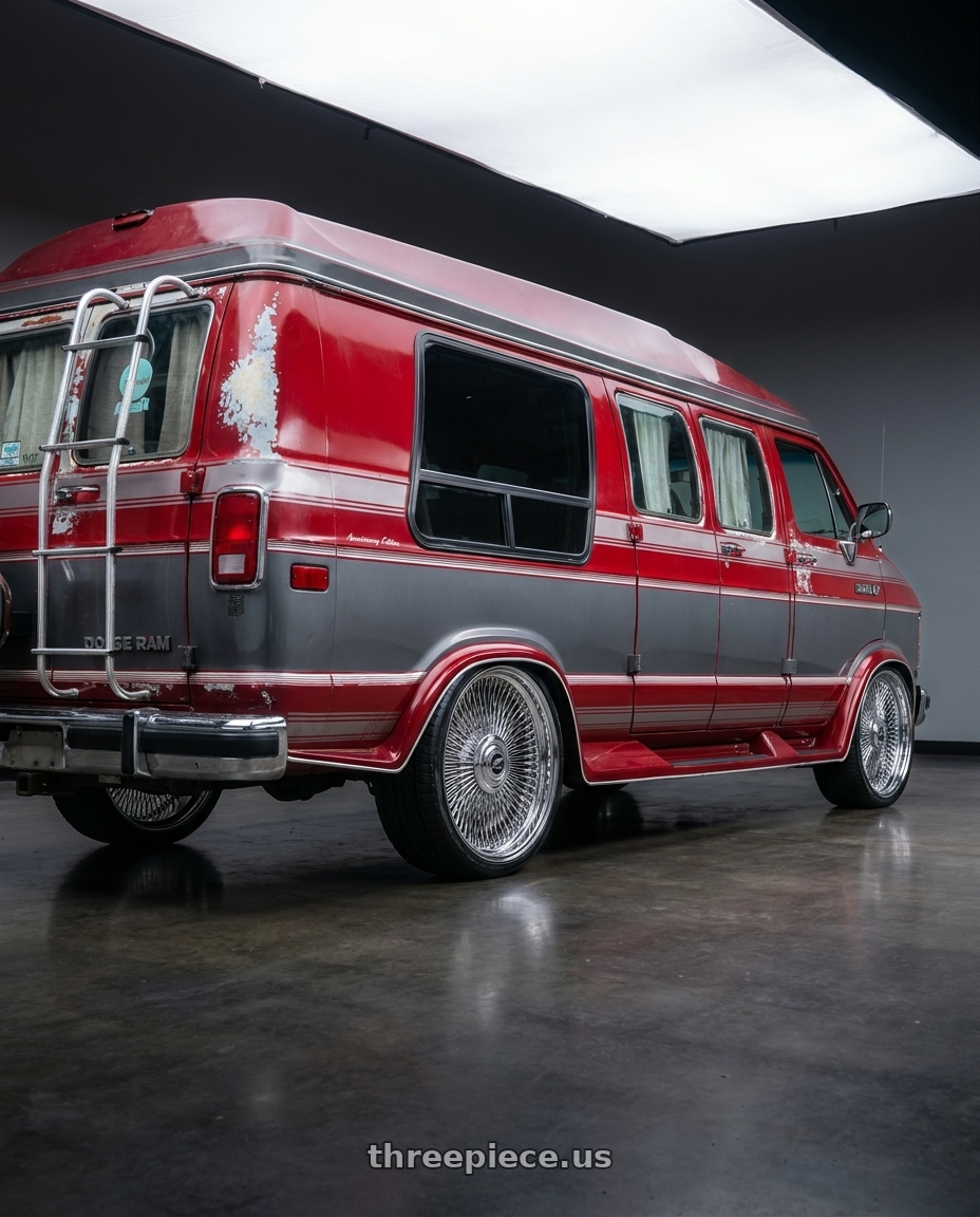 1990 dodge ram b250 with Amani AMA-603 5x120/5x127 26x10 +5 Chrome wheels rear three quarter view extreme stretch tires