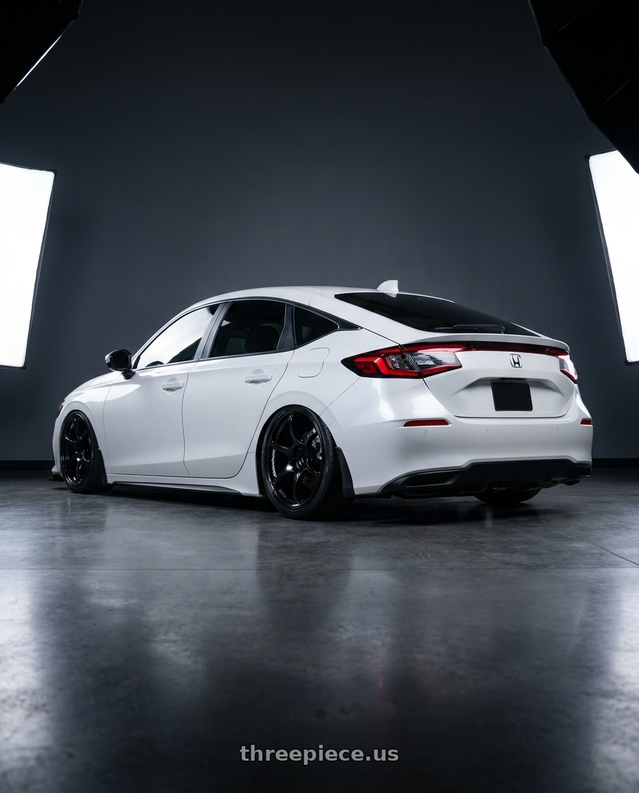 2024 Honda Civic with Advan RGIII 5x114.3 19x9.0+25 Gloss Black wheels rear three quarter view slight stretch tires