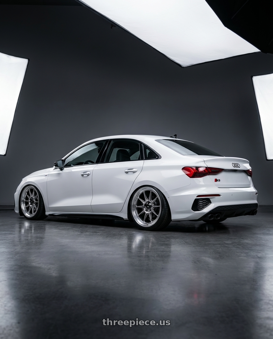 2024 Audi S3 8Y with Konig Countergram 5x112 19x8.5+43 Hyper Chrome / Machined Lip wheels rear three quarter view slight stretch tires