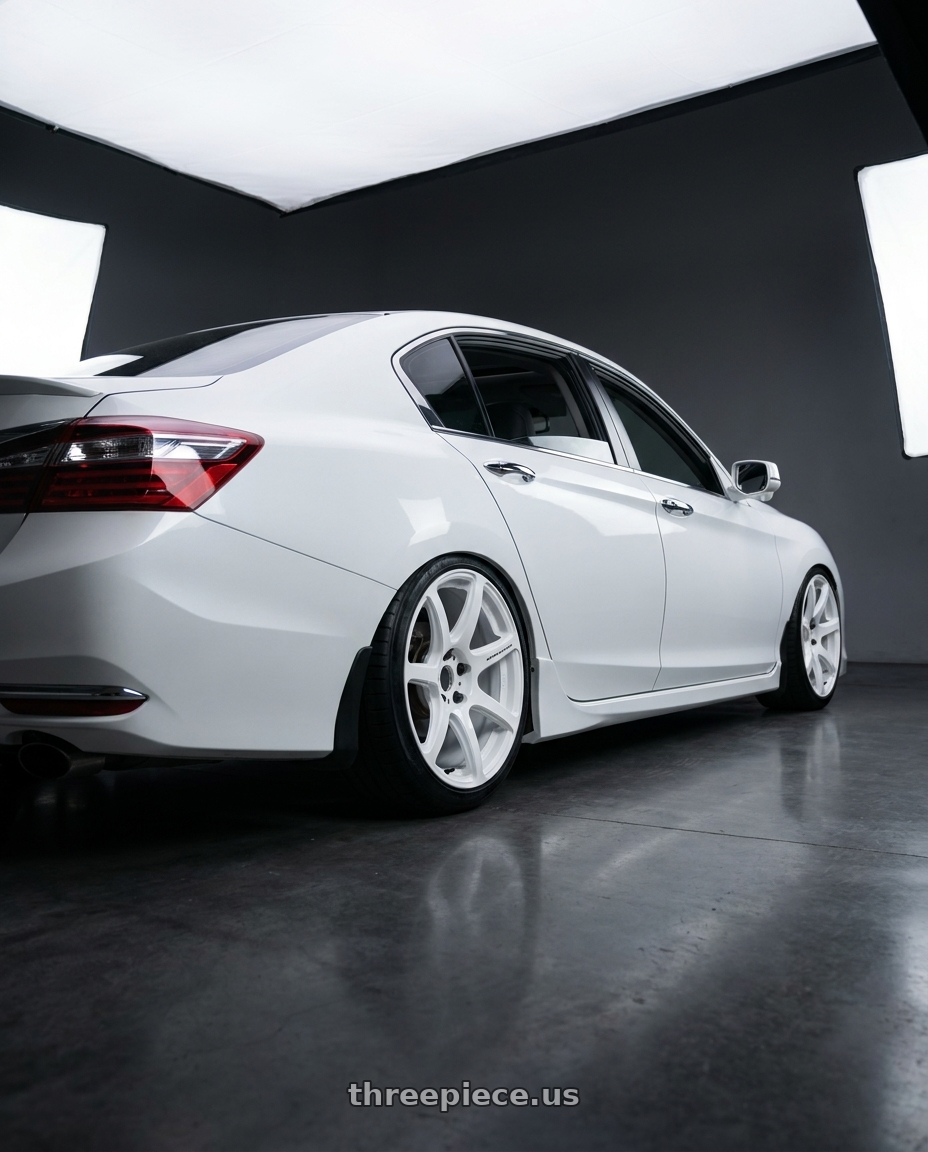 2016 Honda accord with Work Emotion T7r 5x114.3 18x8.5 +45 White wheels rear three quarter view square tires