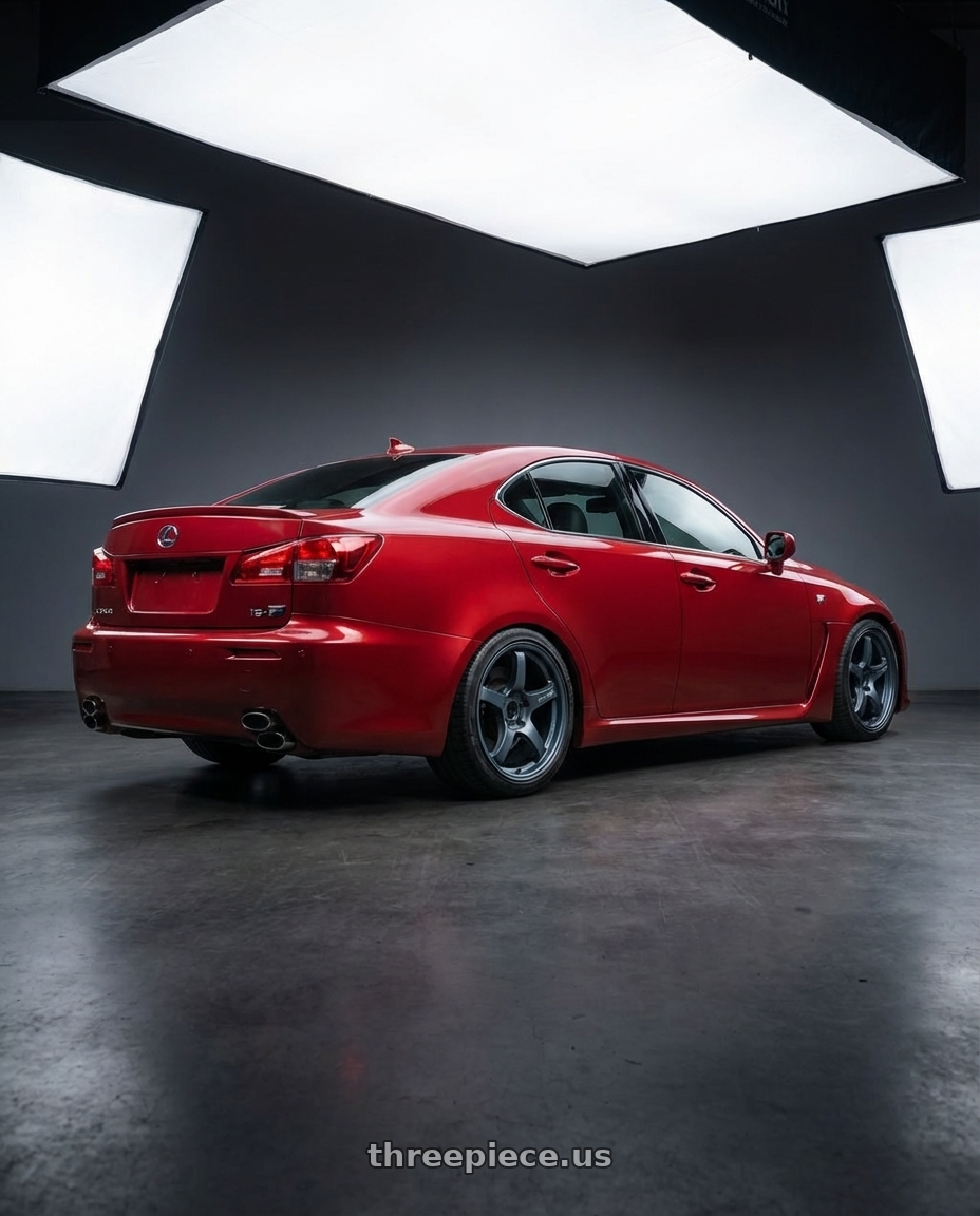 2012 Lexus IS-F with Gram Lights 57CR 5x114.3 19x10.5+12 Gunblue II wheels rear three quarter view square tires