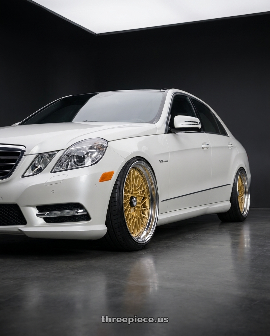 2012 Mercedes-Benz E63 AMG with SSR Formula MESH 5x112 19X12+24 SL Disk Fm Gold wheels front three quarter view lowered stance