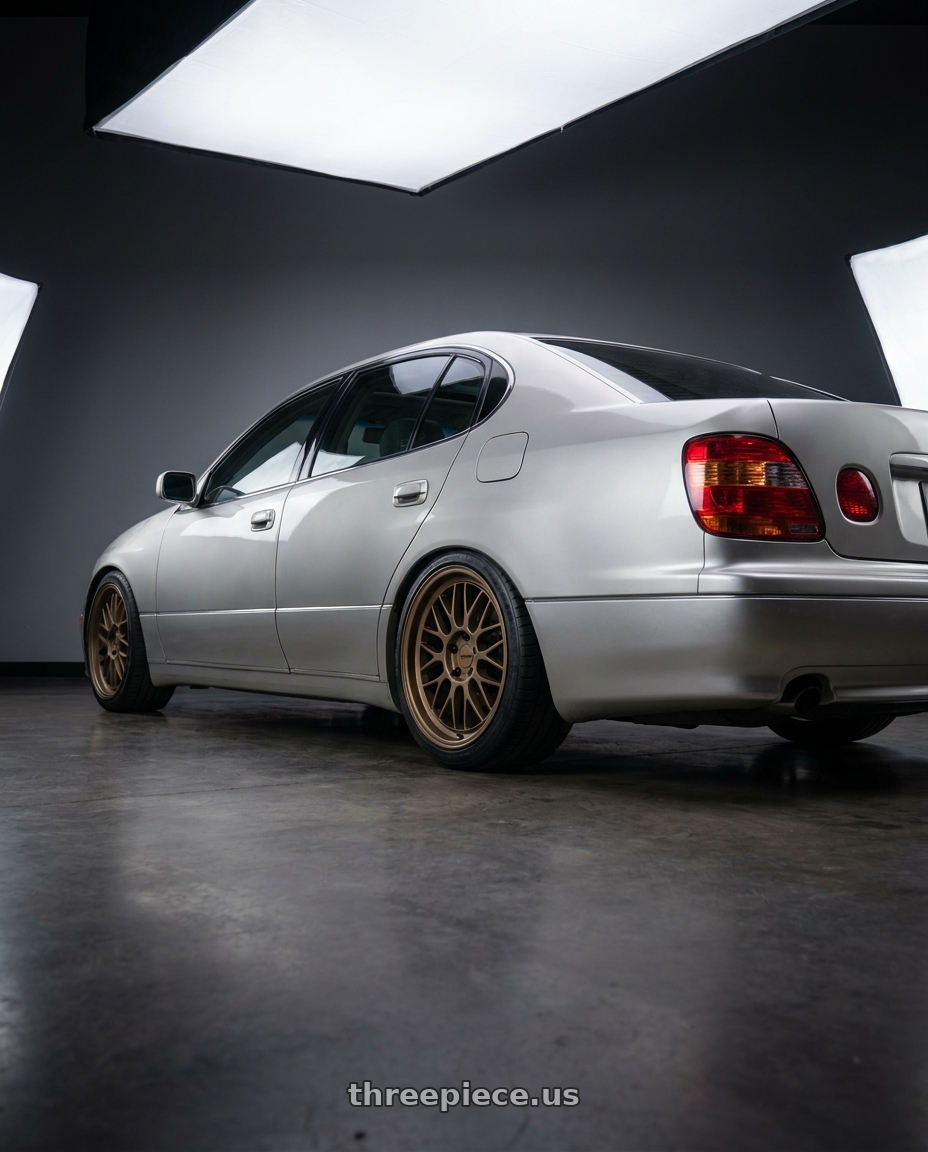 2002 lexus gs430 with KATANA RACING KR06 5x114.3 18x8 +40 Matte Bronze wheels rear three quarter view square tires