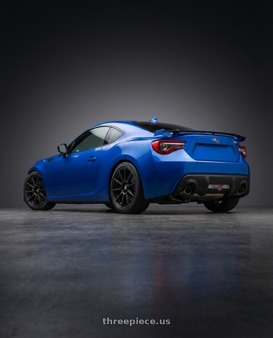 2017 Subaru BRZ with Konig Control 5x100/5x114.3 17x7+45 Matte Black wheels rear three quarter view square tires