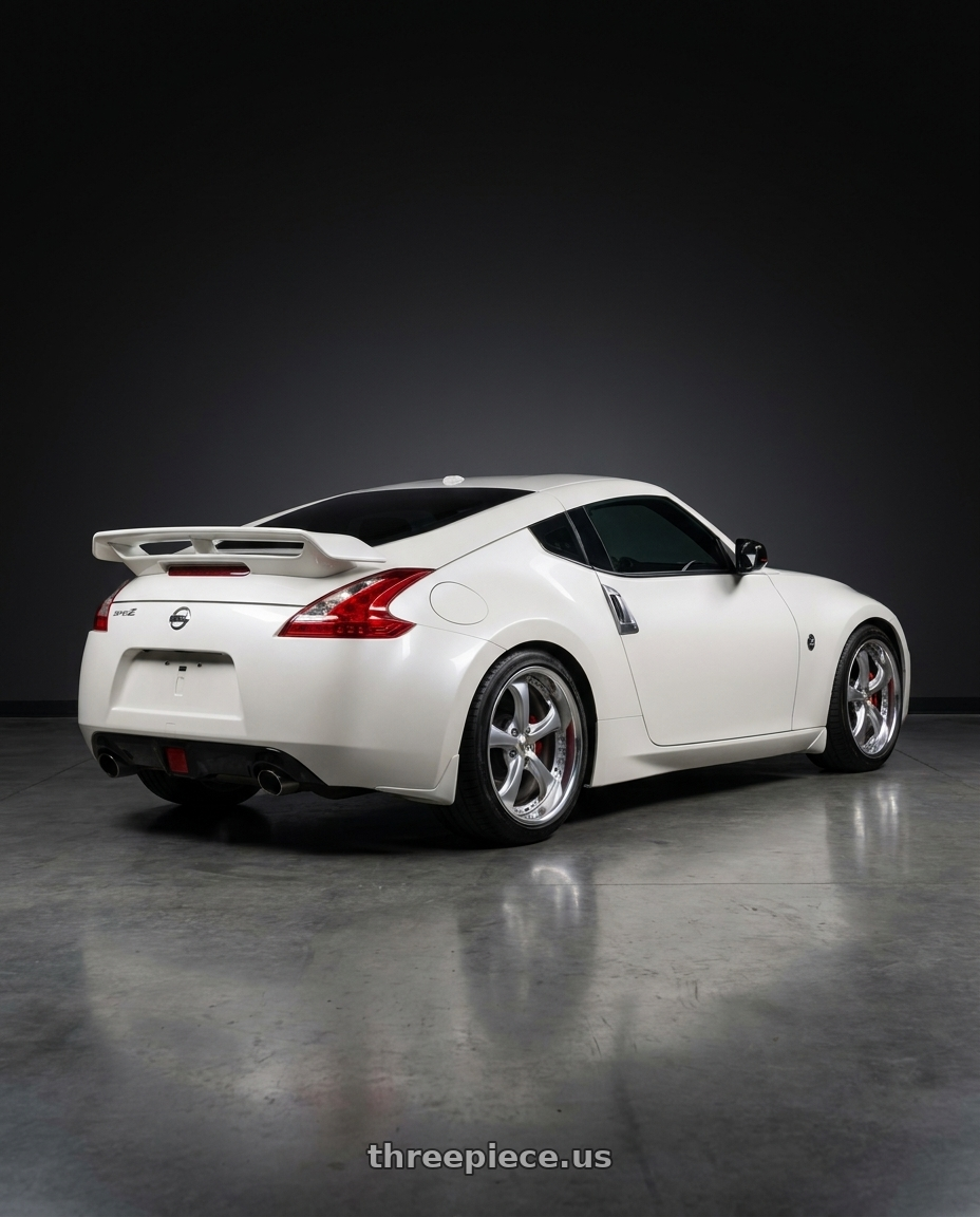 2013 Nissan 370z with Work Wheels VS-KF 5X114.3 19x10+54 Light Grey Silver L Disk FULL REVERSE wheels rear three quarter view slight stretch tires