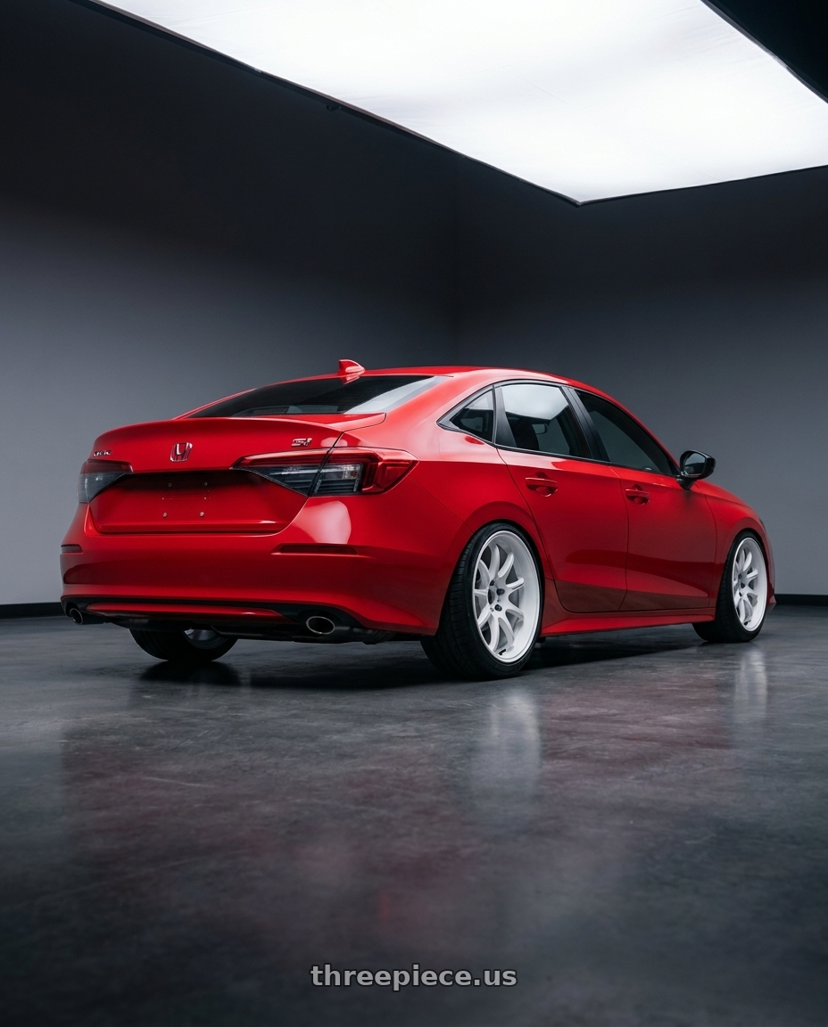 2026 Honda Civic Si with Work Emotion D9r 5x100 18x9.5 +30 White wheels rear three quarter view slight stretch tires
