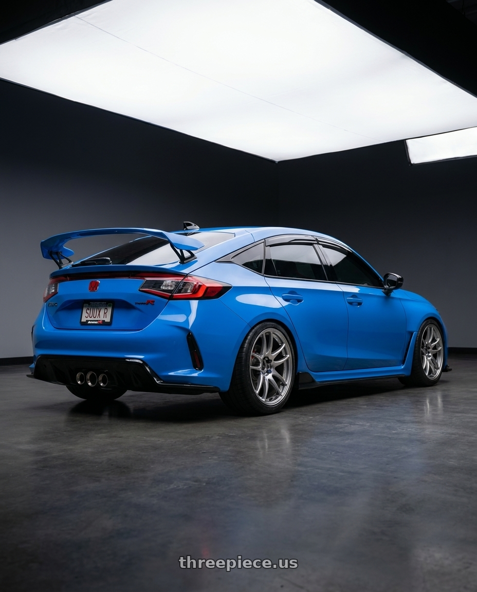 2024 Honda Civic Type R with Work Emotion Cr Kiwami 5x120 18x9.5 +38 Gt Silver wheels rear three quarter view square tires