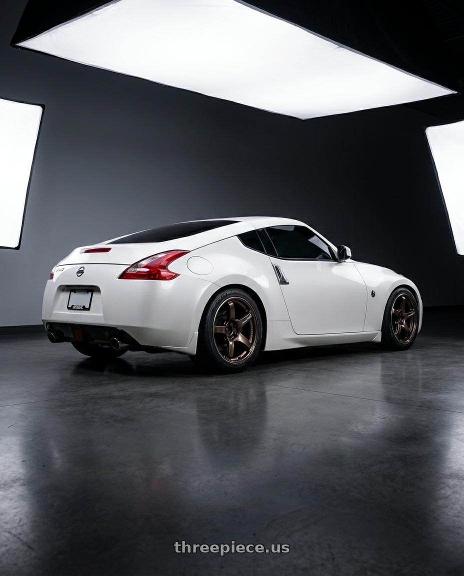 2017 Nissan 370z with Advan Racing TC4 5x114.3 18x9.5 +45 UMBER BRONZE METALLIC & RING wheels rear three quarter view square tires