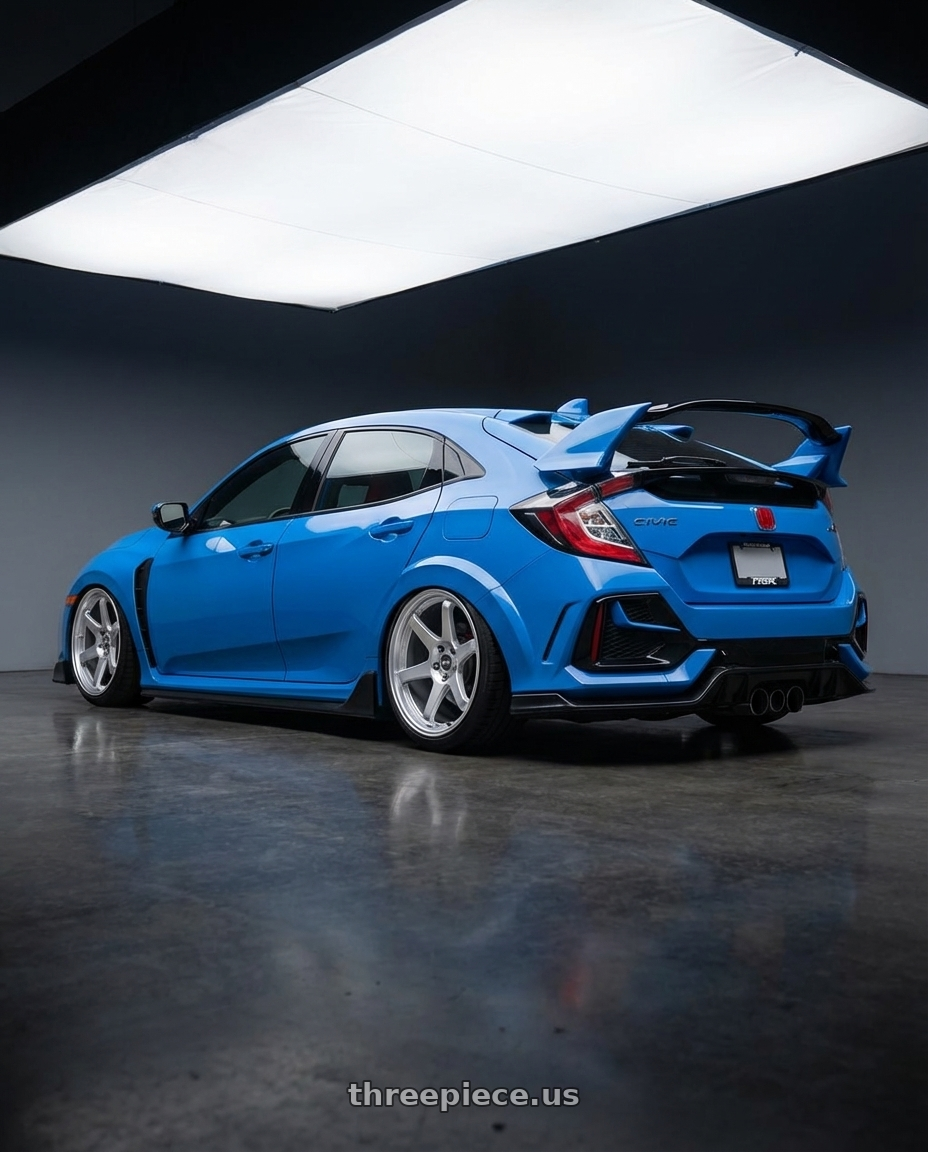 2020 Honda Civic Type R with ESR Wheels APEX SERIES AP6 5x120 19x9.5 +35 Hyper Silver wheels rear three quarter view slight stretch tires