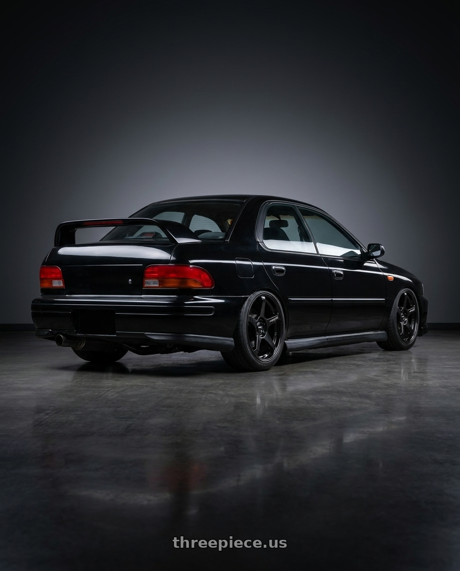 1998 Subaru Impreza GC8 with Motegi MR159 BATTLE V 5X100 17x8.5 +30 BLACKBIRD METALLIC wheels rear three quarter view slight stretch tires
