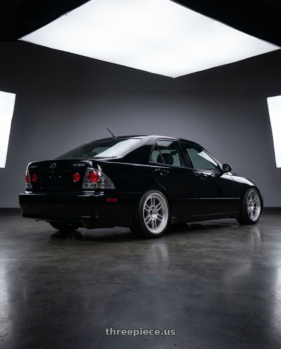 2004 Lexus IS300 Black with Enkei RPF1RS 5x114.3 18x9.5+12 Silver wheels rear three quarter view slight stretch tires