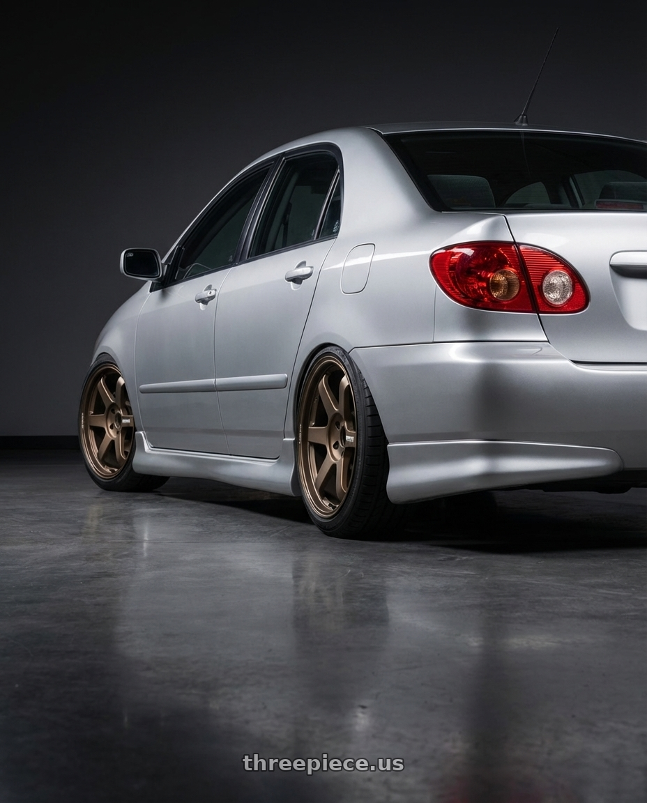 2006 Toyota Corolla S  with Volk Racing TE37 Ultra M Spec 5x112 19x9.5+23 19x10.5+35 Bronze Almite Toyota Supra MK5 Spec wheels rear three quarter view square tires