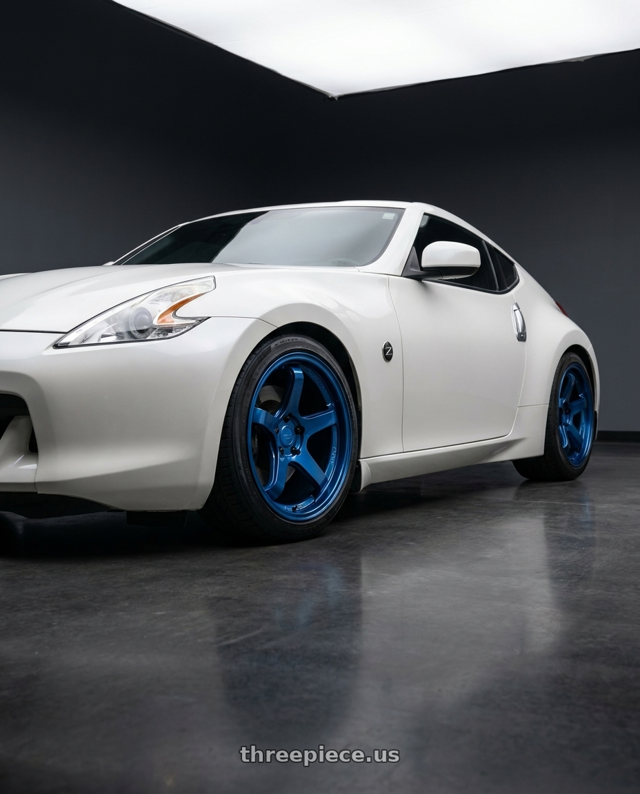 2010 nissan 370z touring pearl with KATANA RACING HR05 5x114.3 18x8.5 +35 Metallic Blue wheels