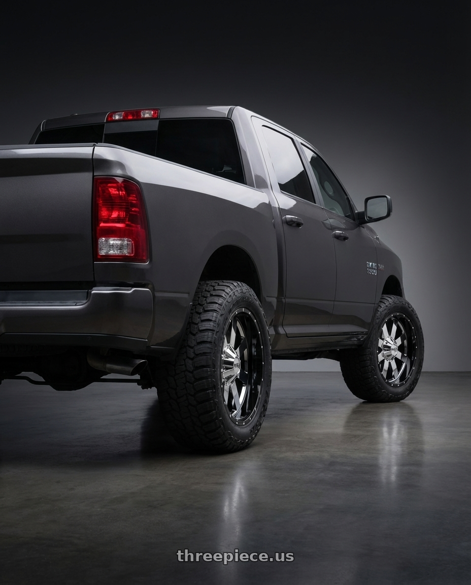 2024 Ram 1500 with Moto Metal MO200 6X139.7 22X10 -18 CHROME CENTER GLOSS BLACK MILLED LIP wheels rear three quarter view meaty tires