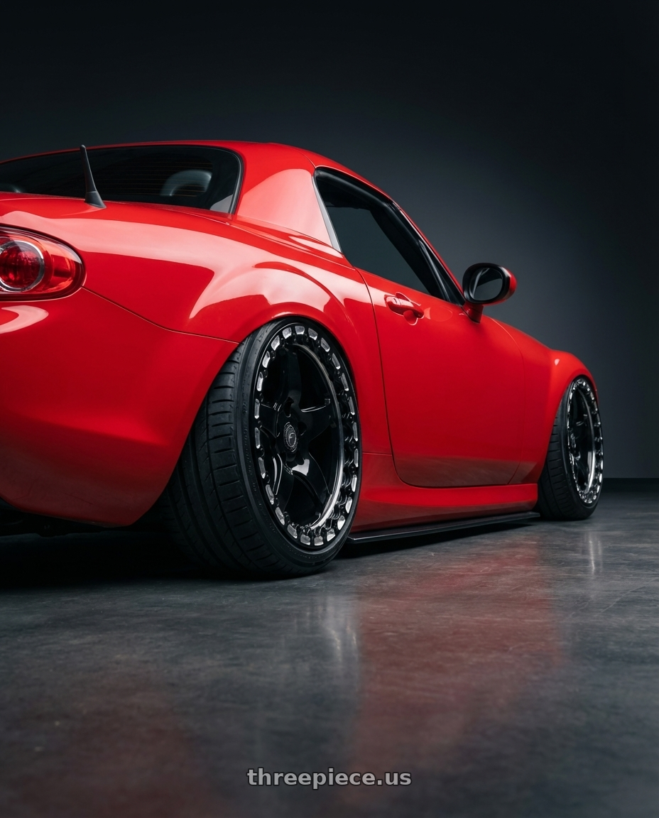 2012 Mazda MX-5 Miata NC with Forgestar D5 Beadlock 5x114.3 17x10 0 Gloss Black Machined wheels rear three quarter view slight stretch tires