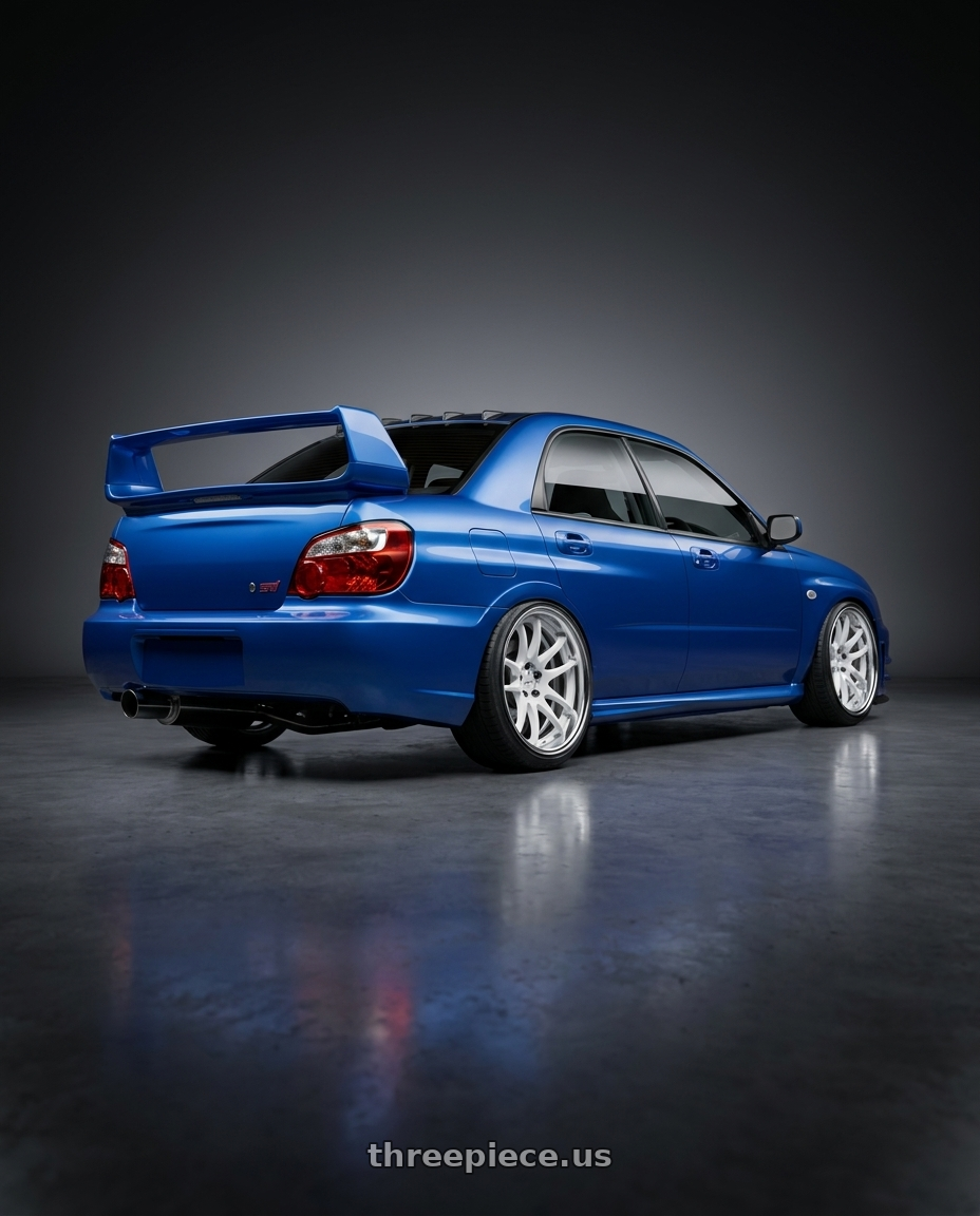 2004 Subaru impreza WRX STI with Work Cr 2P 5x100 18x8 +45 Gloss White wheels rear three quarter view extreme stretch tires