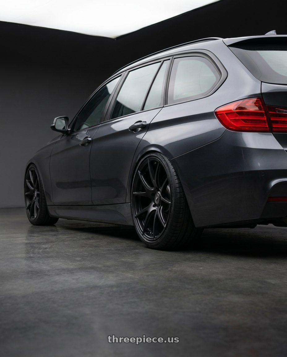2016 BMW 3 Series F30 with Forgestar CF5V 5x120 19x9 +38 Satin Black wheels rear three quarter view slight stretch tires