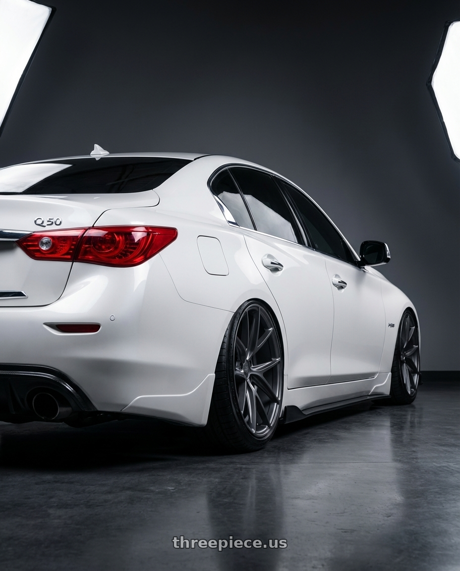 2020 Infiniti Q50 with Niche 1PC M116 MISANO 5X114.3 20X10.5 +30 MATTE GUN METAL wheels rear three quarter view slight stretch tires