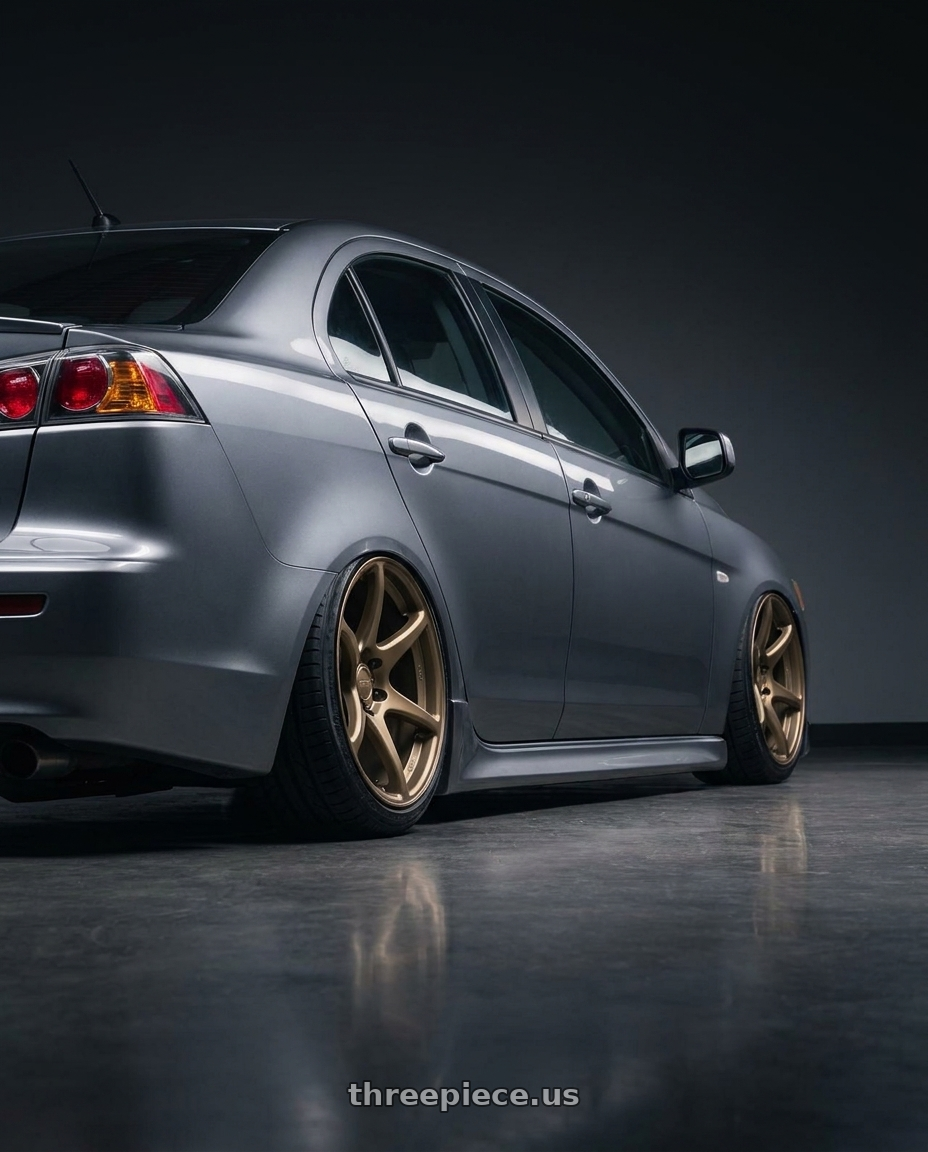 2014 Mitsubishi Lancer Ralliart with Kansei K11B Tandem 5x114.3 18x10.5 12 Bronze wheels rear three quarter view slight stretch tires