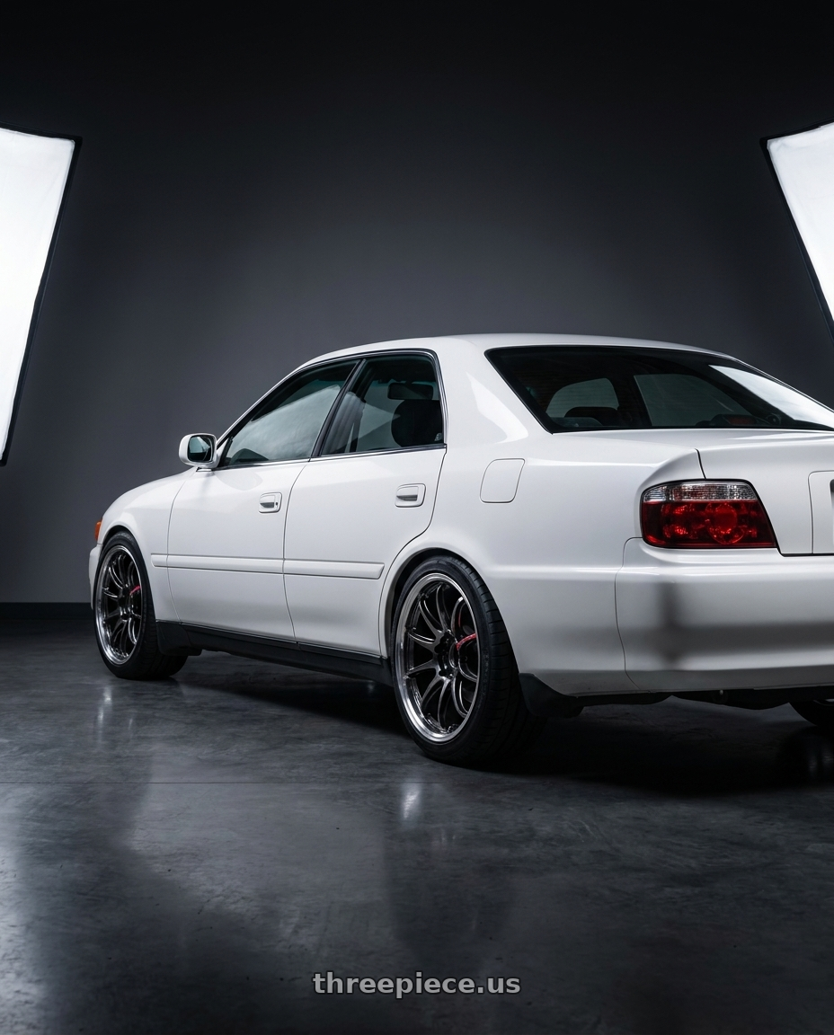 1998 Toyota Chaser with Work Emotion Zr10 5x114.3 18x9.5 +22 Glim Black Diamond Rim cut wheels rear three quarter view square tires