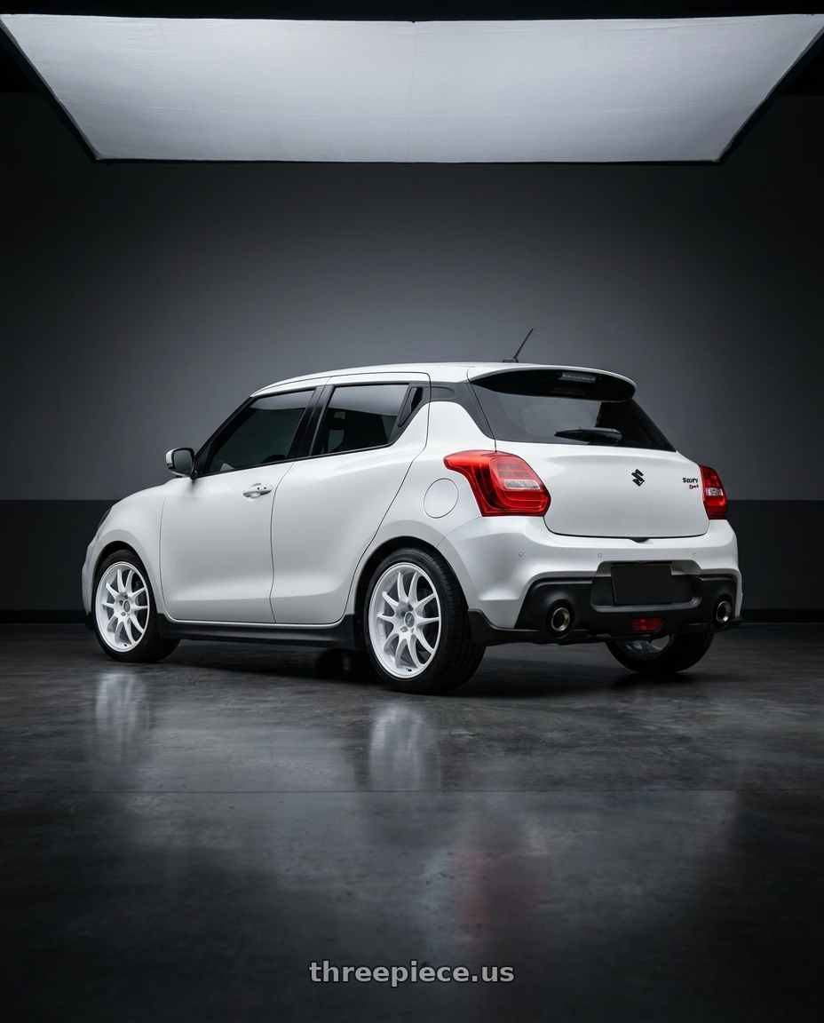 2019 Suzuki Swift sport 白色 with Enkei PF01SS 5x114.3 17x9+48 White with machined lip wheels rear three quarter view square tires
