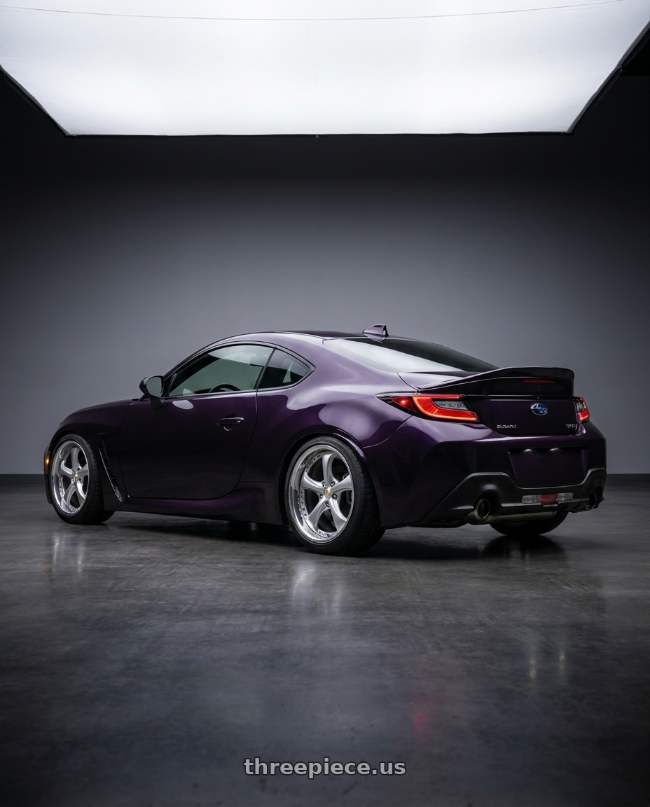 2023 Subaru BRZ with Work Wheels VS-KF 5x100 18x9.5+35 Light Grey Silver L Disk FULL REVERSE wheels rear three quarter view square tires