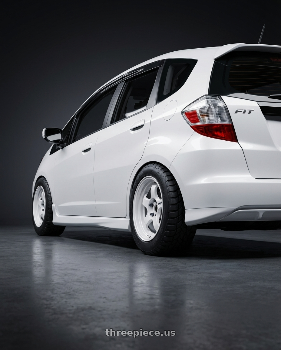 2013 Honda fit  with Work Meister S1 2P 4x100 15x7.5+38 A Disk Black wheels rear three quarter view meaty tires