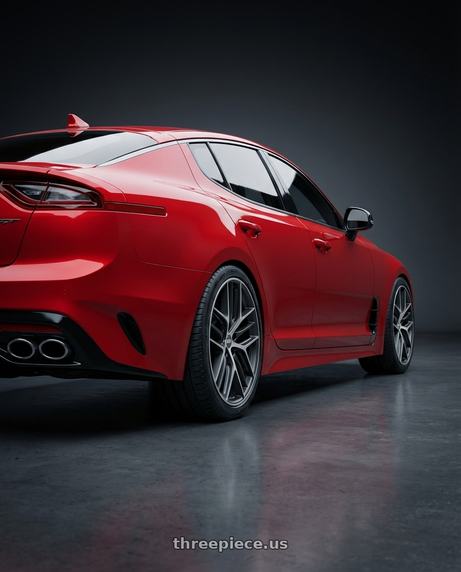 2022 Kia Stinger GT with BBS CC-R 5x114.3 19x8.5+30 Graphite w/ Diamond Cut Face wheels rear three quarter view square tires