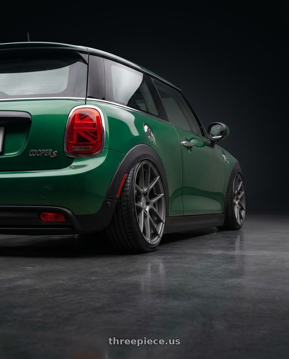 2025 Mini Cooper S with Avant Garde Wheels M510 5X130 19x11 +52 Dolphin Grey wheels rear three quarter view slight stretch tires