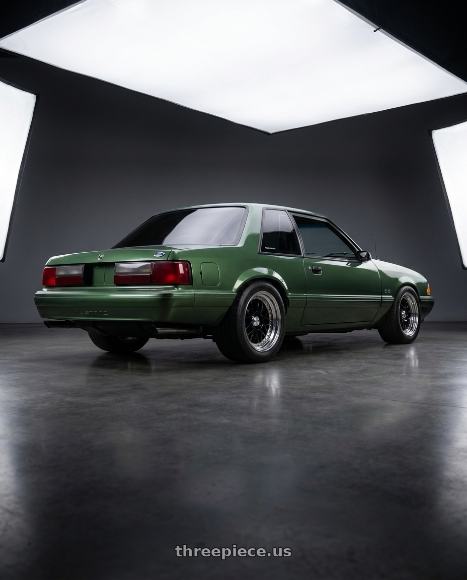 1990 ford mustang with Work Meister M1 3p 4x100 16x10.5+11 O Disk Black wheels rear three quarter view square tires