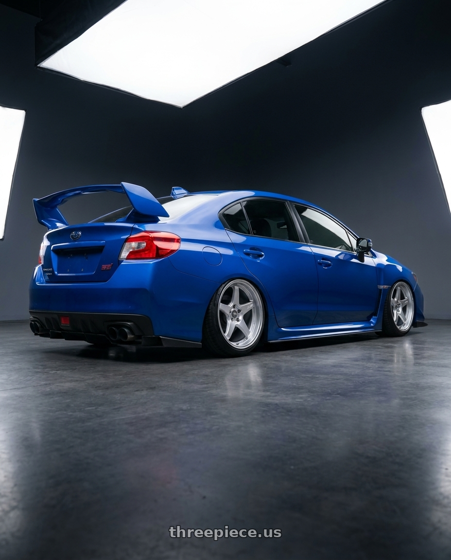 2013 Subaru WRX STI with ESR Wheels APEX SERIES AP5 5x114.3 18x10.5 +22 Hyper Silver wheels rear three quarter view slight stretch tires