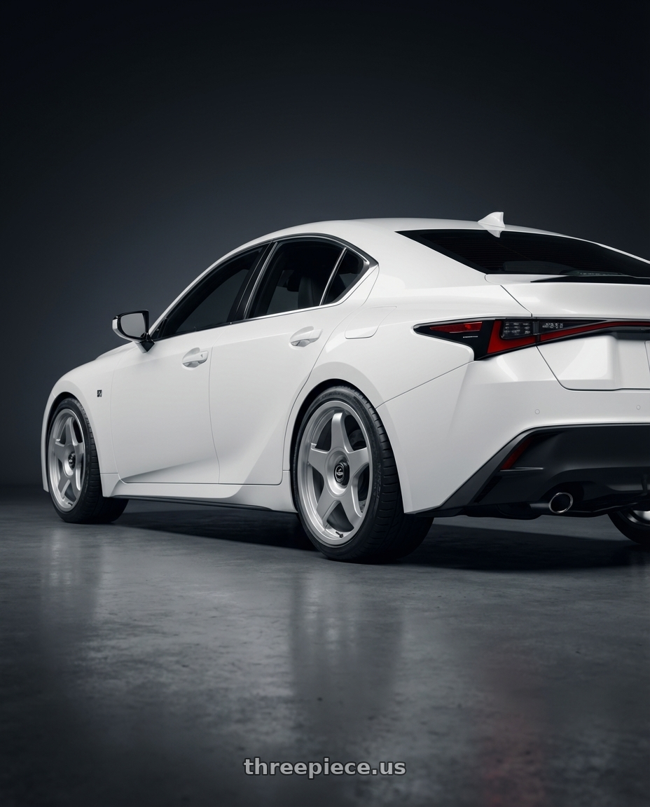 2024 Lexus IS 350 with fifteen52 CHICANE 5x114.3 / 5x120 19x8.5 +35 SPEED SILVER (GLOSS SILVER) wheels rear three quarter view square tires