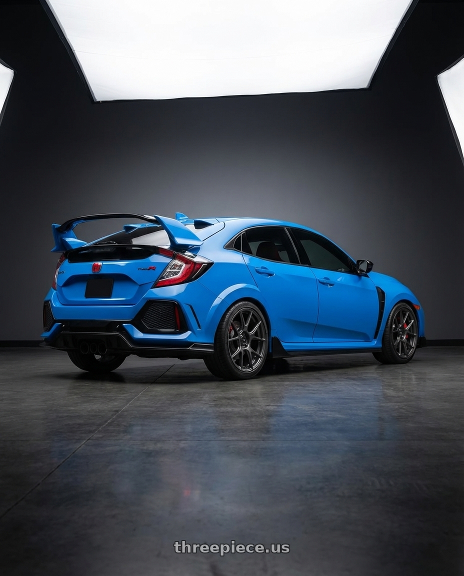 2020 Honda Civic Type R with Konig Ampliform 5x120 19x10+28 Dark Metallic Graphite wheels rear three quarter view square tires