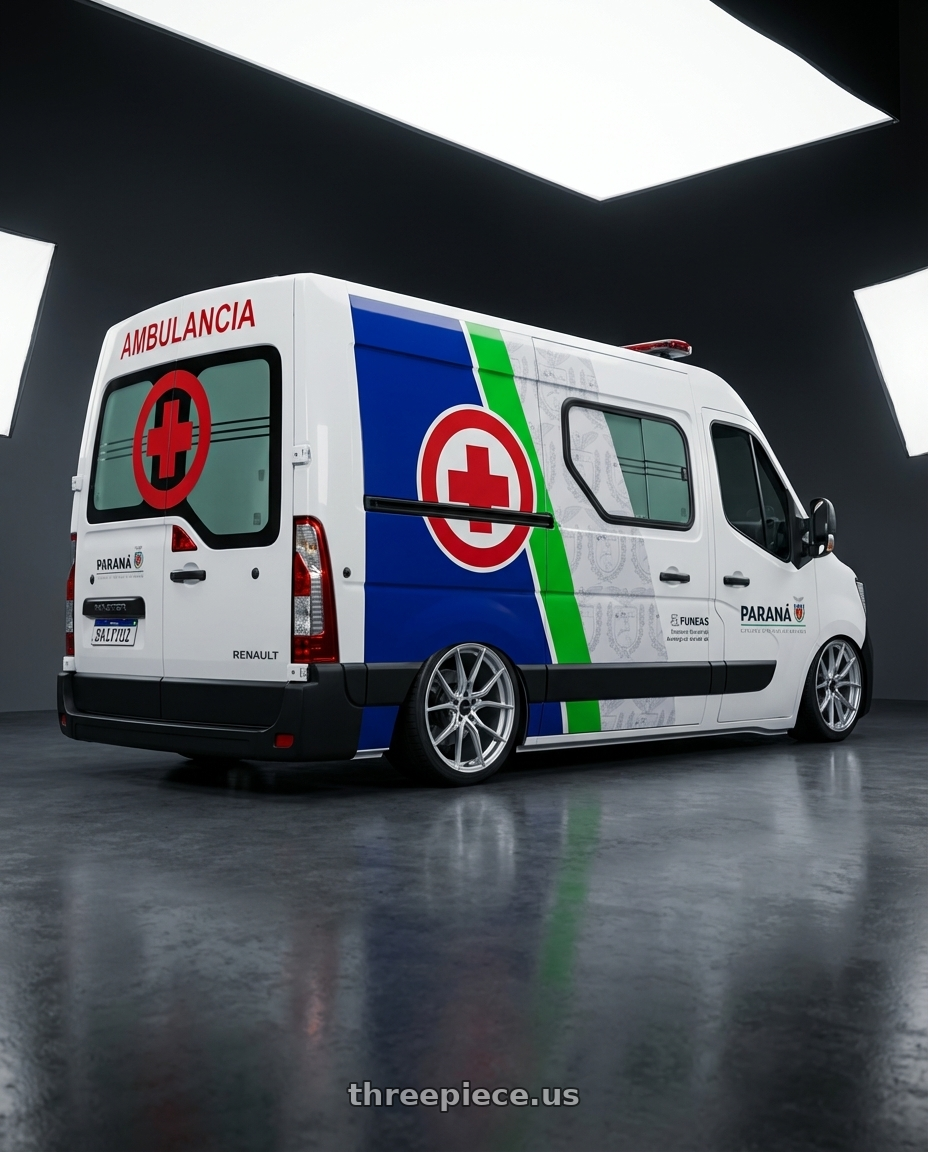 renault master 2021 adesivada with Advanti Racing 80S Hybris 5X120 18x8 +35 Silver with Machined Face wheels rear three quarter view square tires