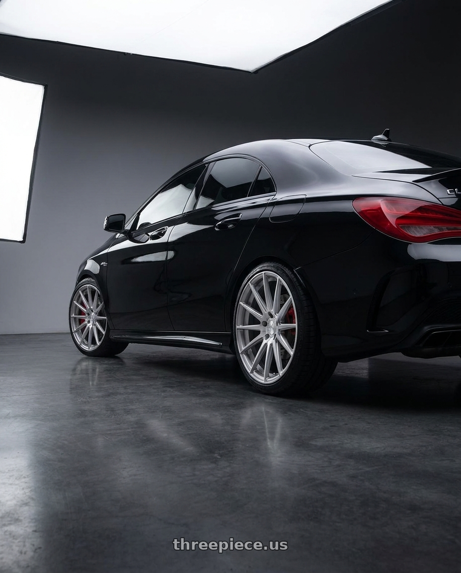 2016 benz cla45 with Avant Garde Wheels M615 5X120 19x9.5 +43 Silver Machine wheels rear three quarter view square tires