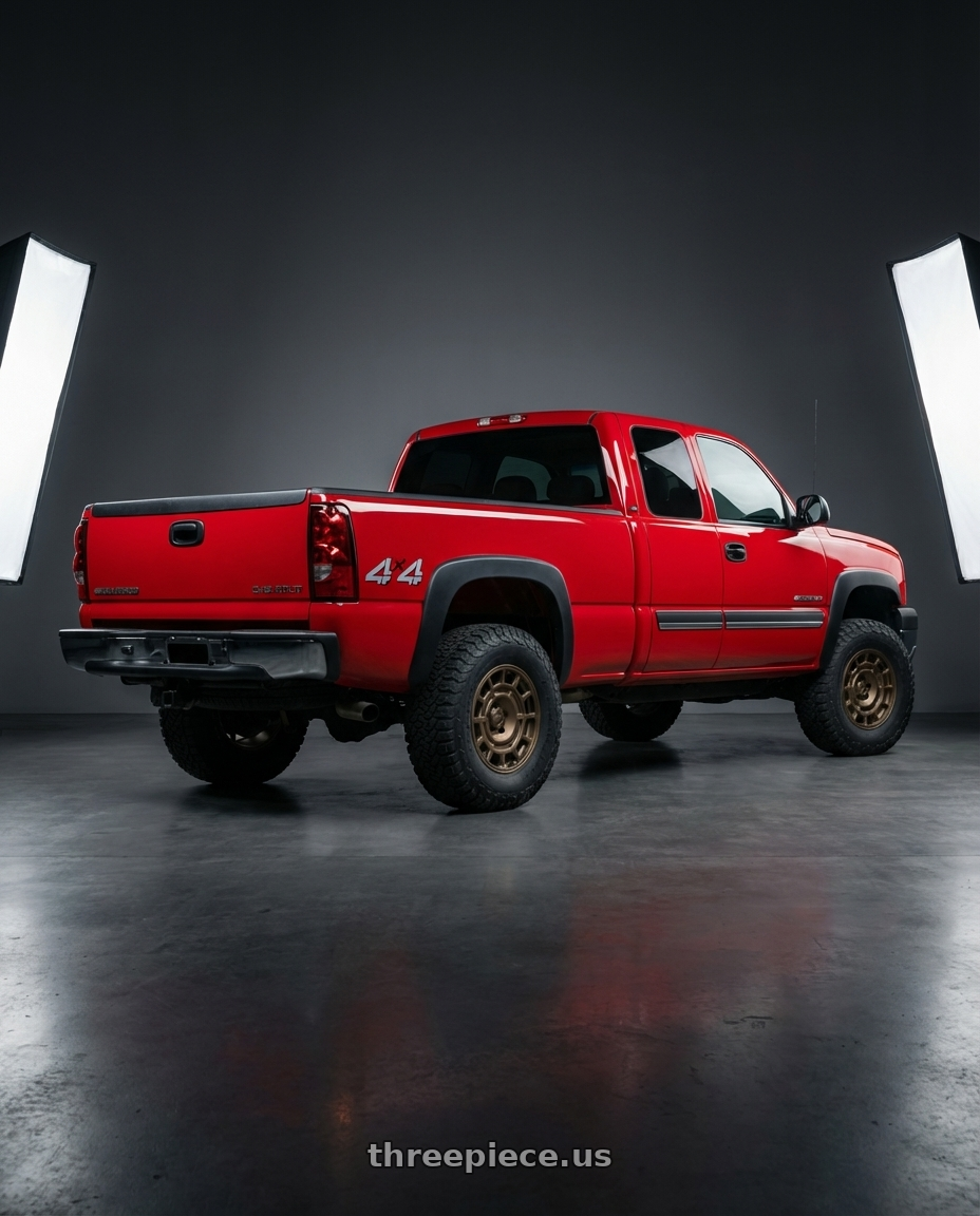 2005 Chevy Silverado with fifteen52 METRIX MX 5x112 17x8 +20 BRONZE (MATTE BRONZE) wheels rear three quarter view meaty tires