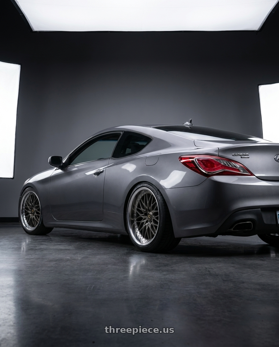 2011 Hyundai Genesis coupe with Work Vs-Xv 5x112 18x10.5+26 O Disk Matte Dark Gunmetal wheels rear three quarter view square tires