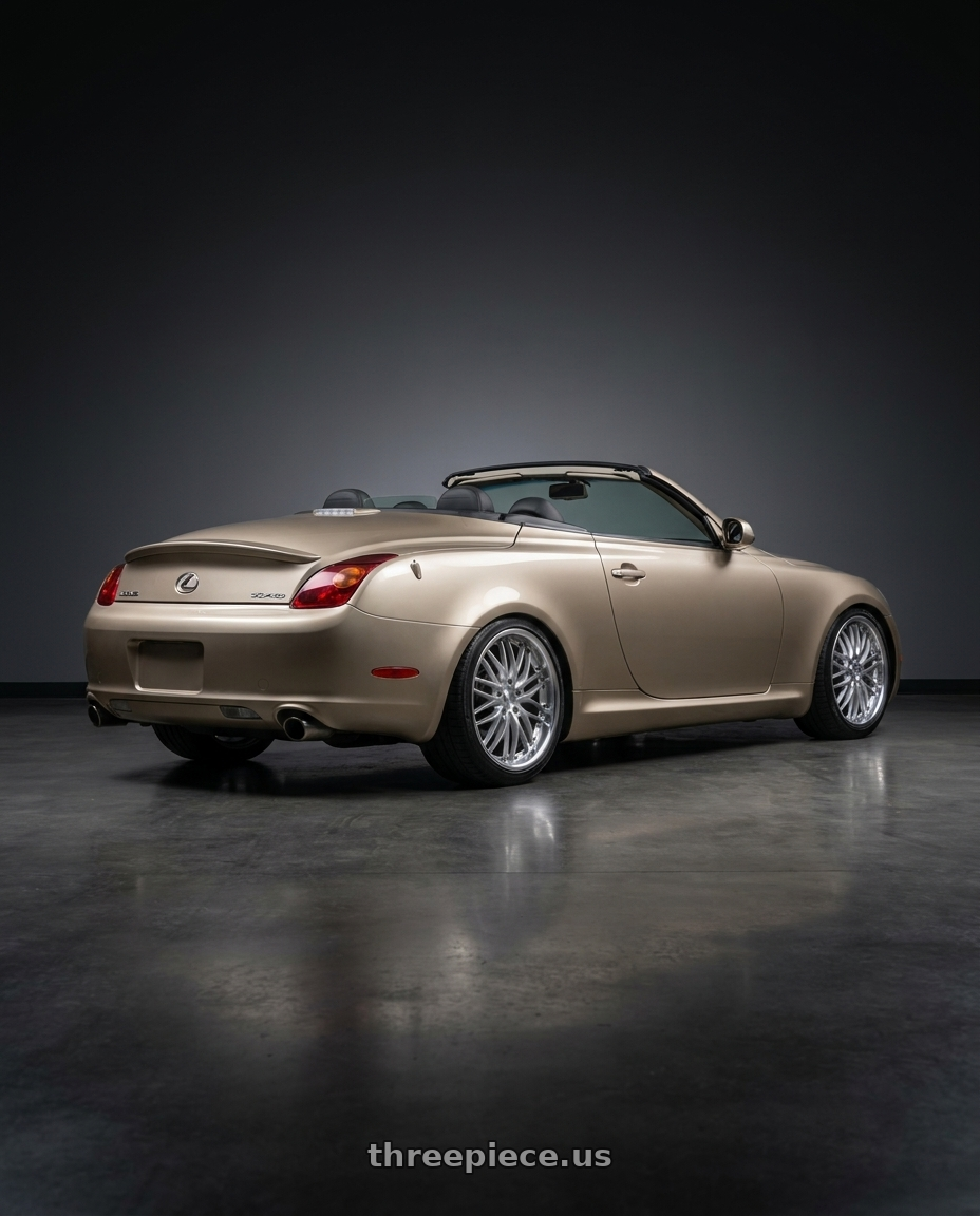 2003 Lexus SC430 Egyptian Sand with MRR GT1 5x114.3 18x8.5  +20 Hyper Silver Machine Lip wheels rear three quarter view square tires