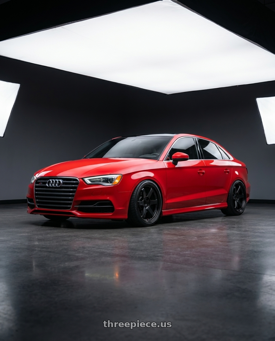2017 Audi S3 with Volk Racing TE37SL 5x112 19x10.5 +35 FLAT BLACK wheels front three quarter view lowered stance
